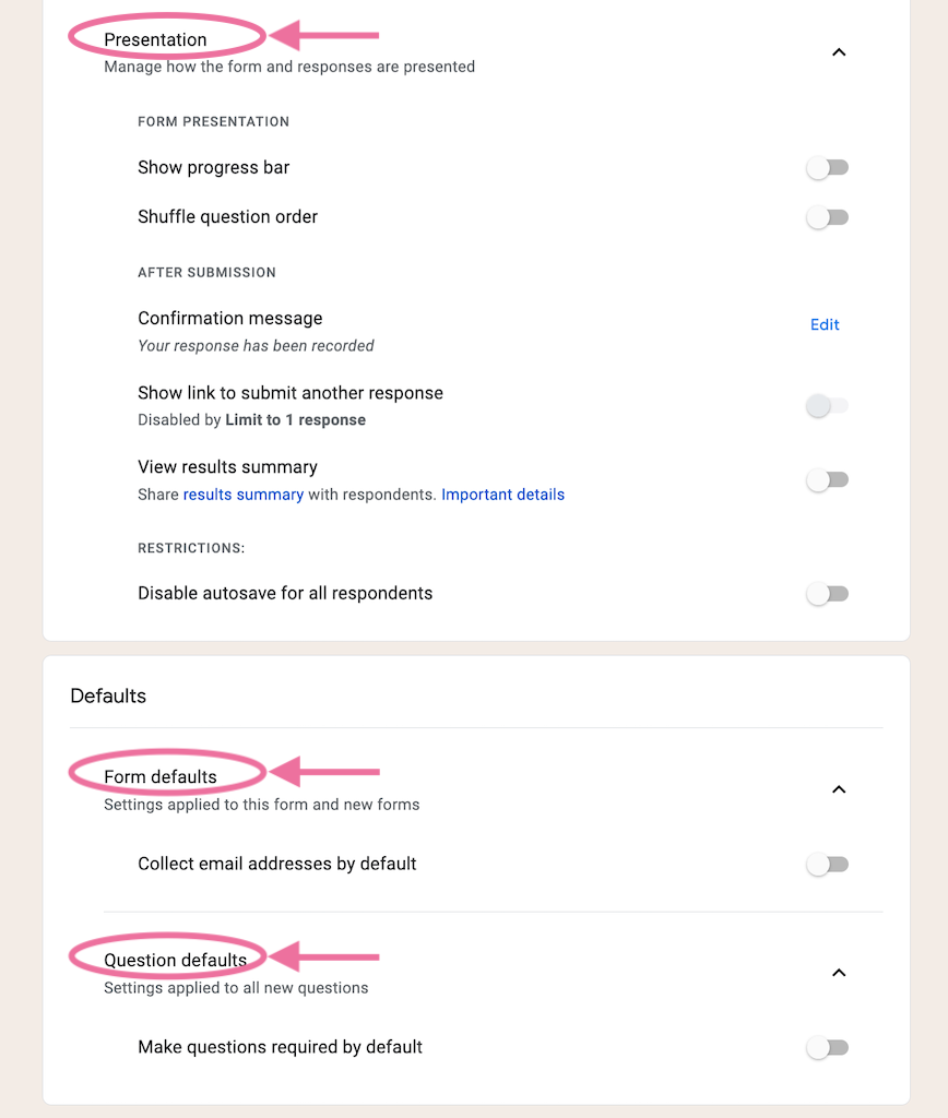 Google Form Settings part 2